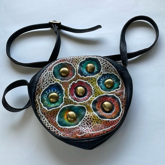 Biacci Black Hand Painted Leather Cross Body Zipper Boho Bag - Picture 1 of 10